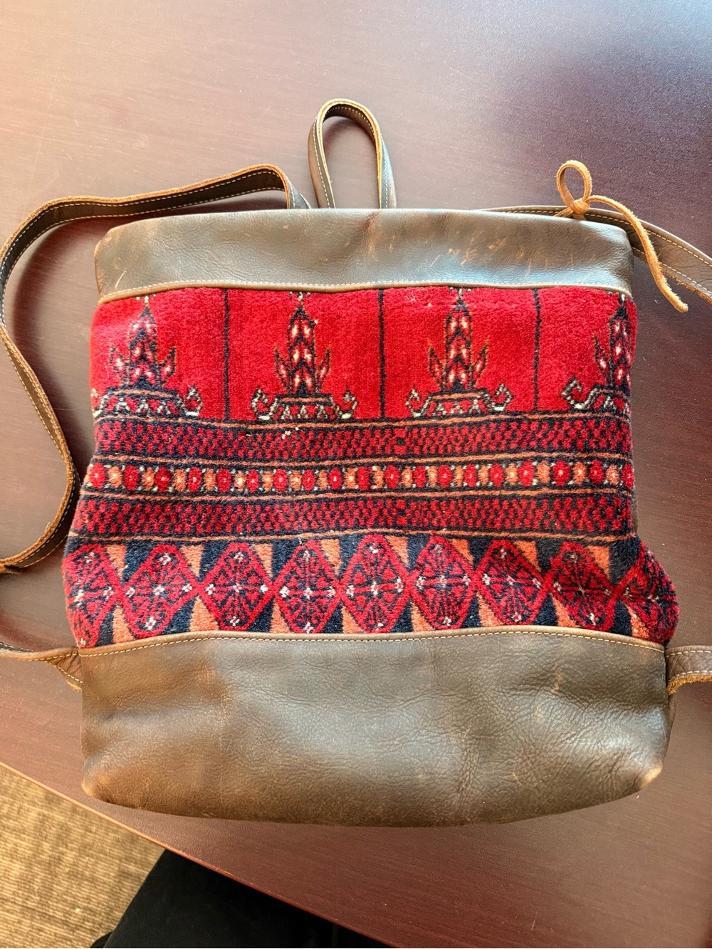 Handwoven Red Patterned Crossbody Bag with Brown Leather Trim